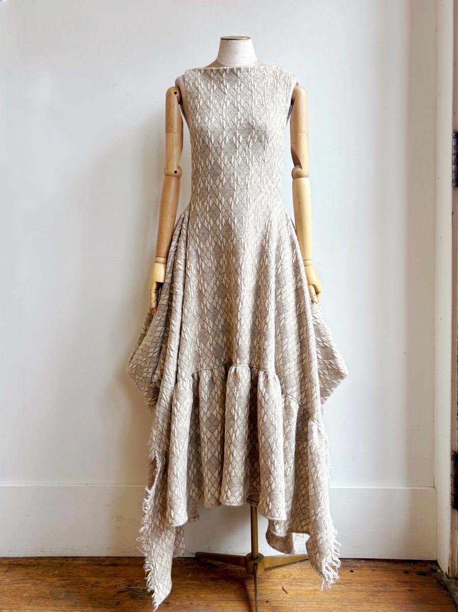 Zero Waste Ruffle Dress in Cream Textured Diamond Weave Print - Made X Hudson