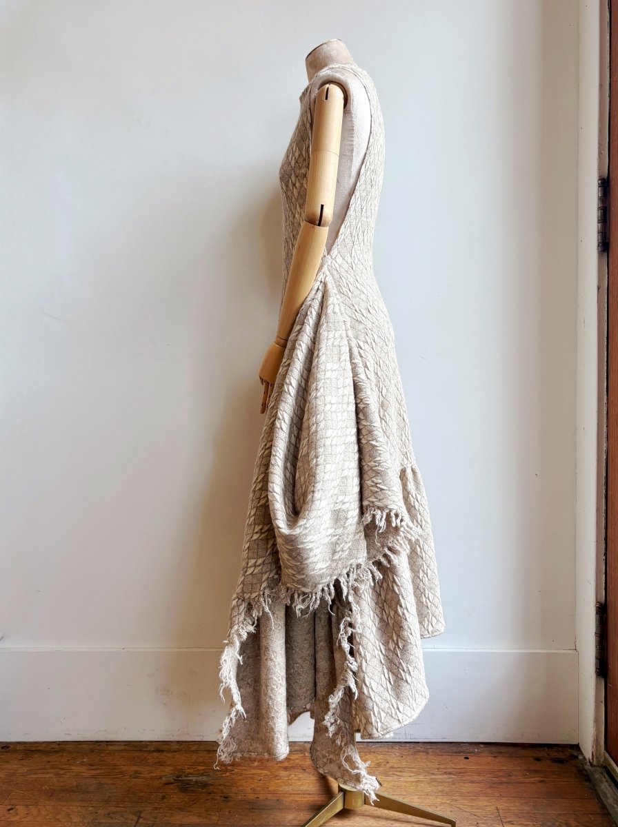 Zero Waste Ruffle Dress in Cream Textured Diamond Weave Print - Made X Hudson