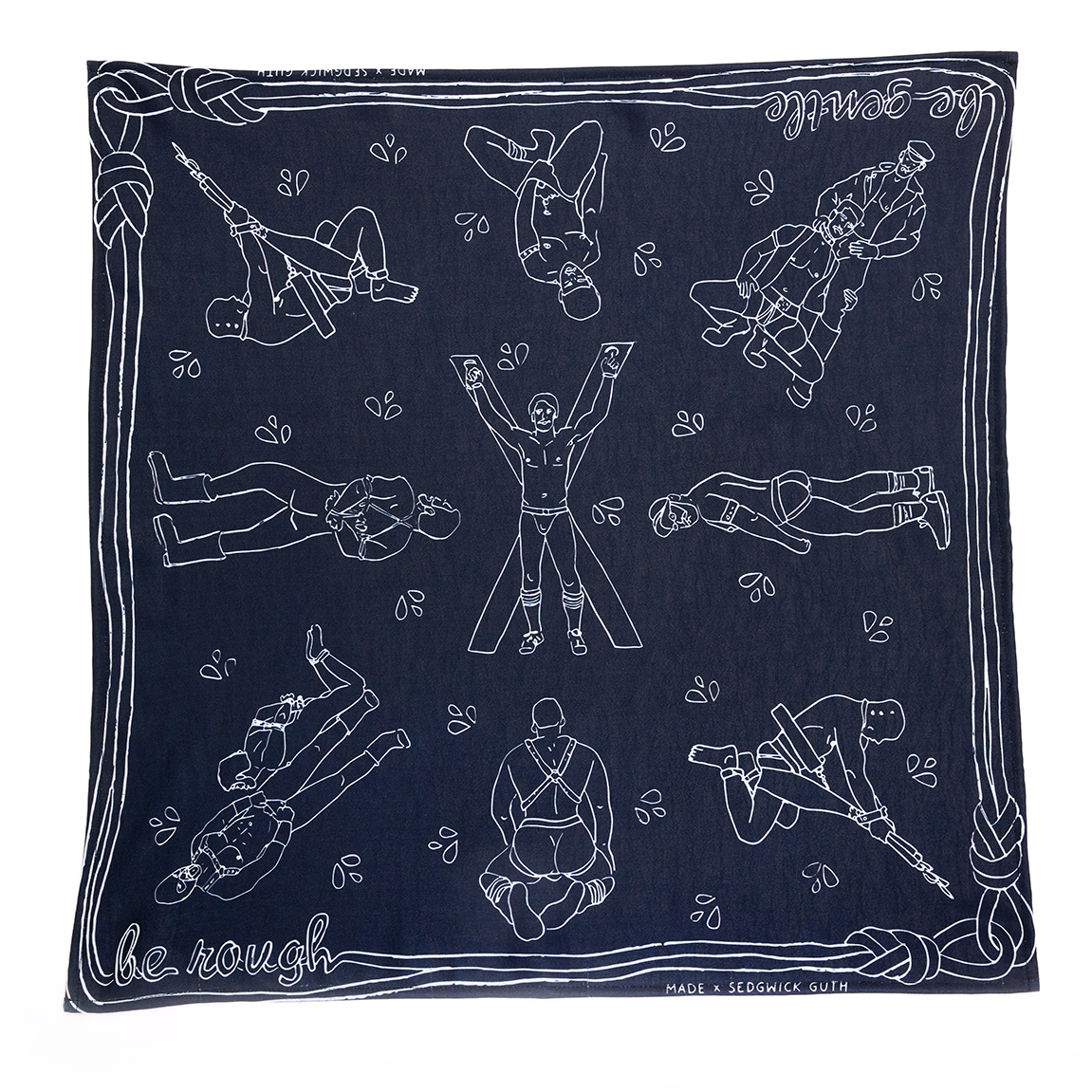 Be Gentle Be Rough Bandanna! An update on that 70s staple accessory, but with a kinkier vibe. Designed by Made X Hudson and Andrew Sedgwick Guth. Constructed in Mexico