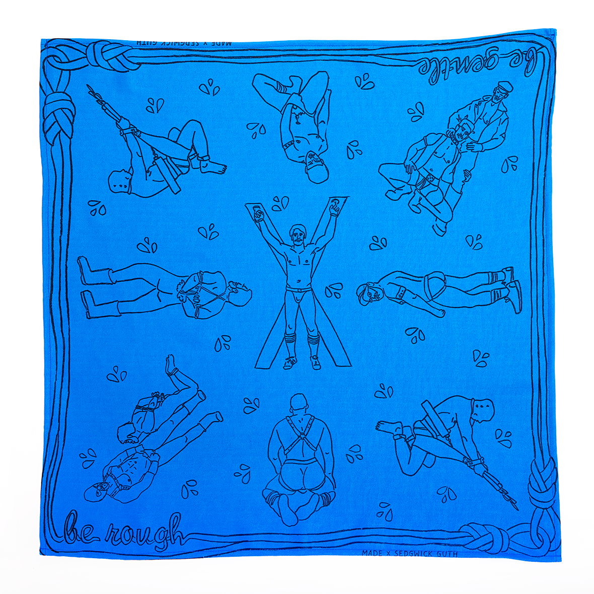 Be Gentle Be Rough Bandanna! An update on that 70s staple accessory, but with a kinkier vibe. Designed by Made X Hudson and Andrew Sedgwick Guth. Constructed in Mexico