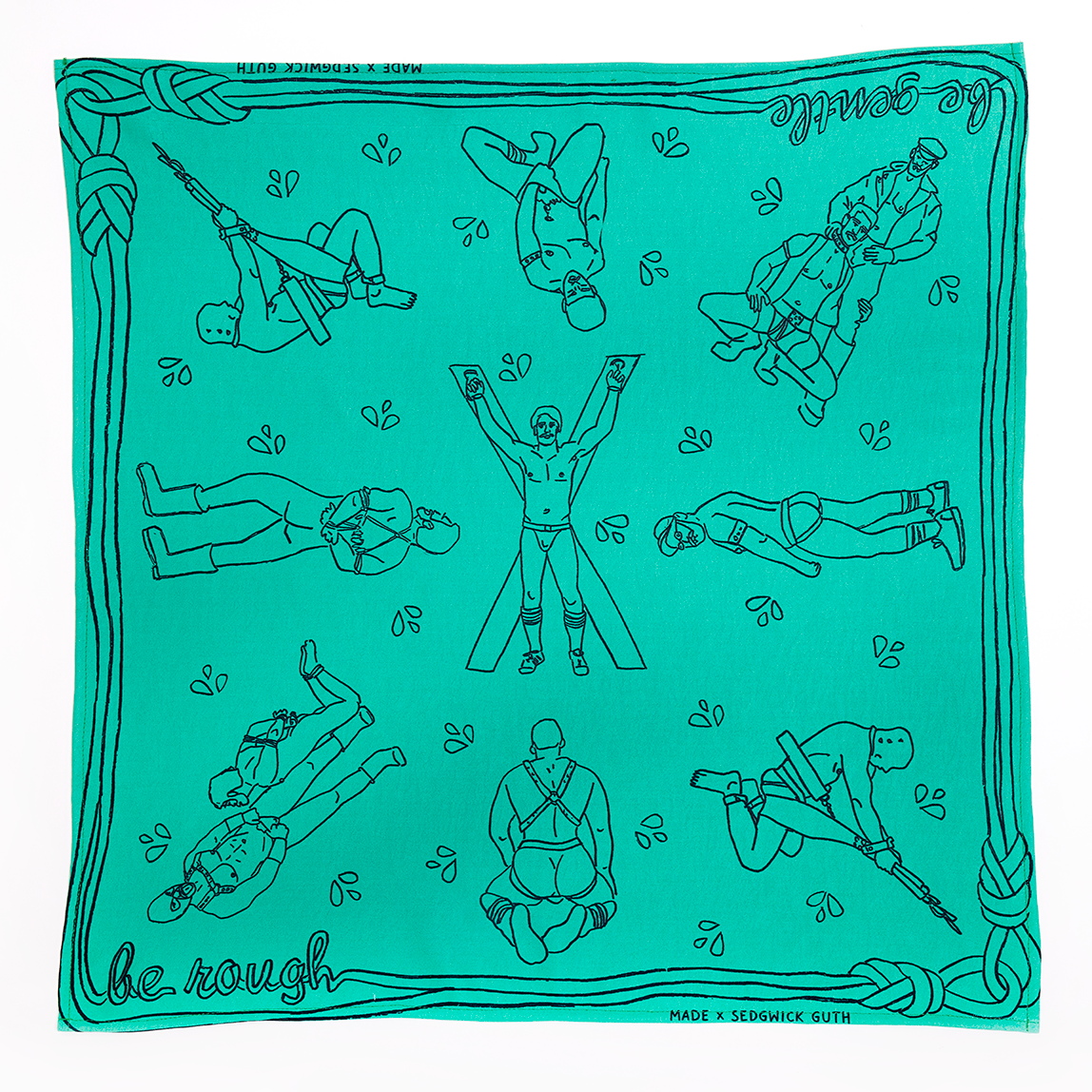 Be Gentle Be Rough Bandanna! An update on that 70s staple accessory, but with a kinkier vibe. Designed by Made X Hudson and Andrew Sedgwick Guth. Constructed in Mexico