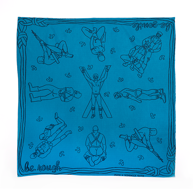 Be Gentle Be Rough Bandanna! An update on that 70s staple accessory, but with a kinkier vibe. Designed by Made X Hudson and Andrew Sedgwick Guth. Constructed in Mexico
