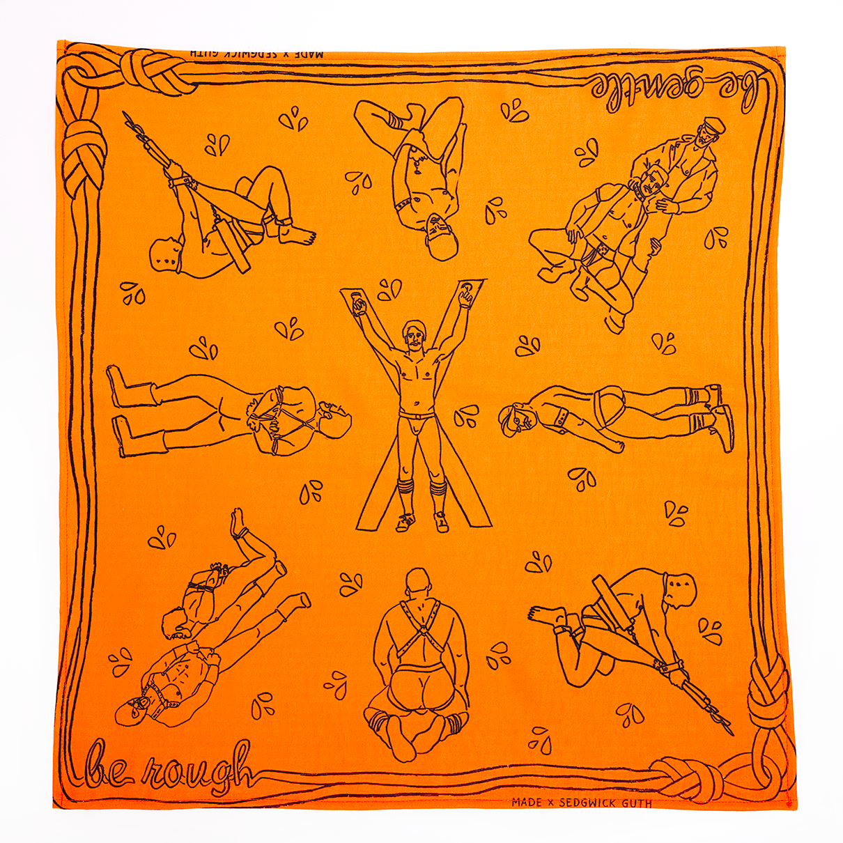 Be Gentle Be Rough Bandanna! An update on that 70s staple accessory, but with a kinkier vibe. Designed by Made X Hudson and Andrew Sedgwick Guth. Constructed in Mexico