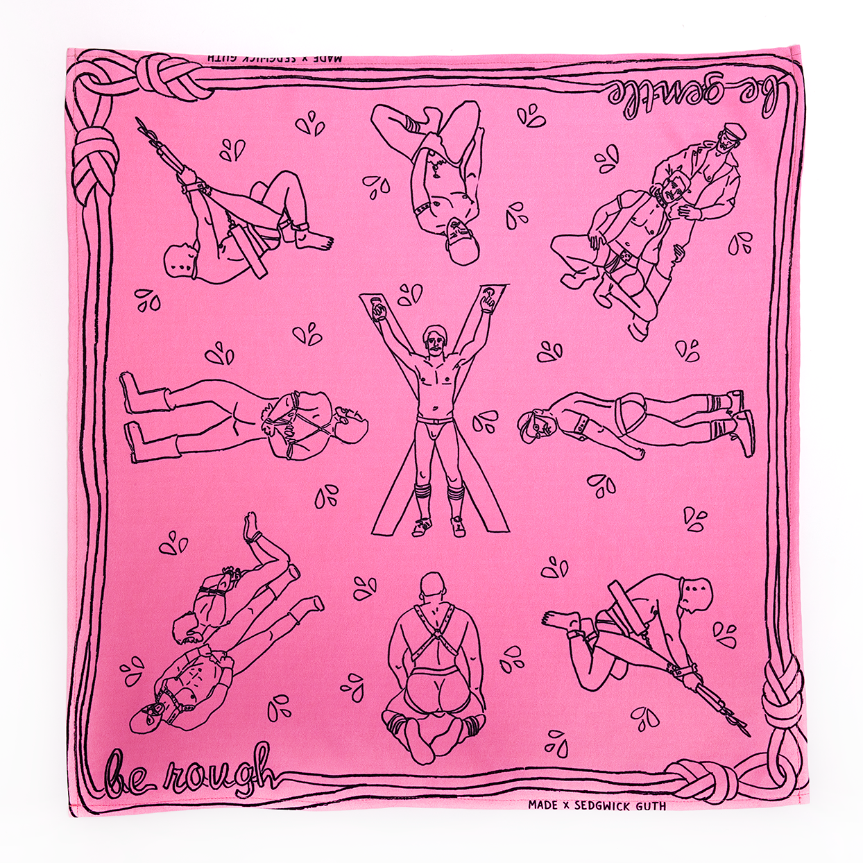Be Gentle Be Rough Bandanna! An update on that 70s staple accessory, but with a kinkier vibe. Designed by Made X Hudson and Andrew Sedgwick Guth. Constructed in Mexico