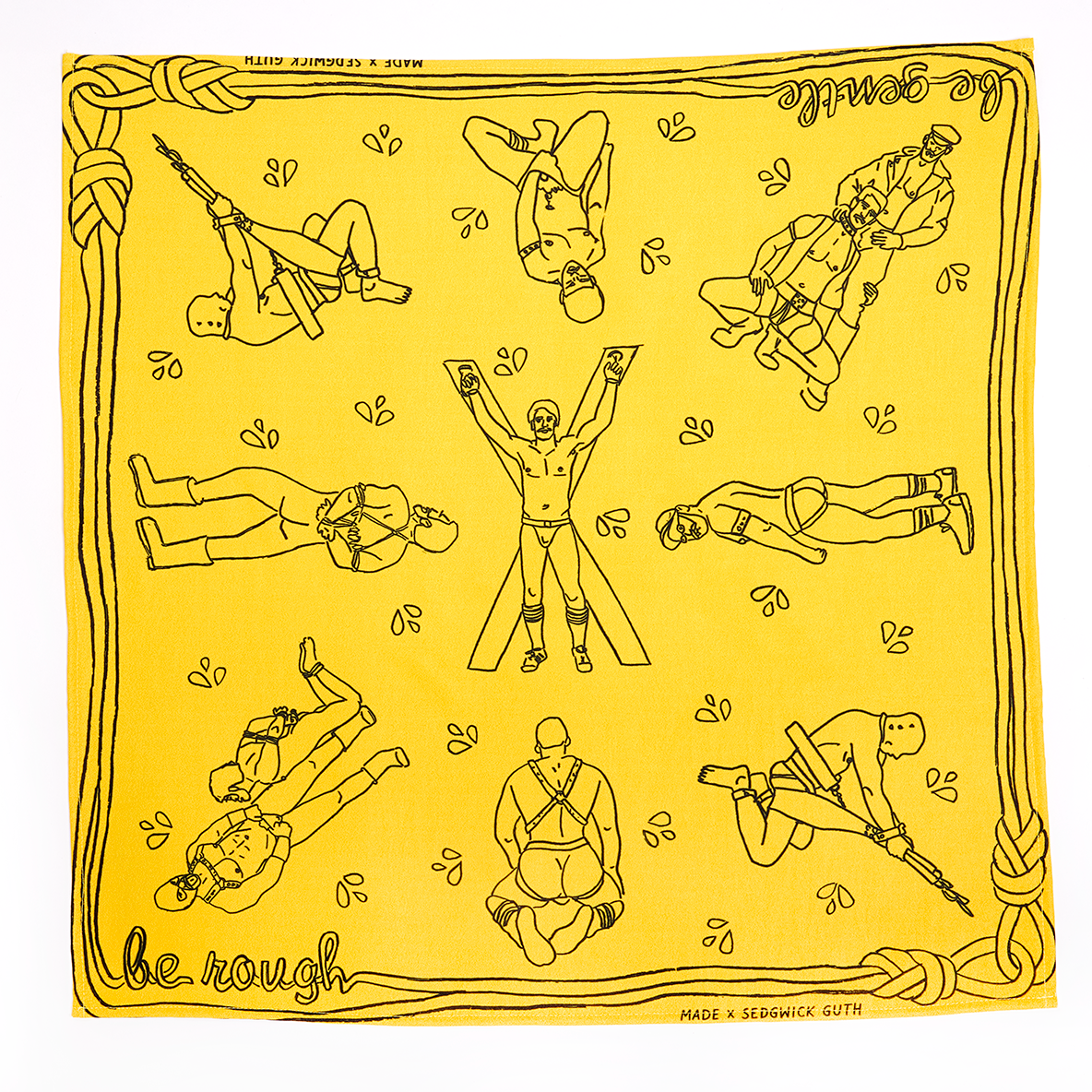 Be Gentle Be Rough Bandanna! An update on that 70s staple accessory, but with a kinkier vibe. Designed by Made X Hudson and Andrew Sedgwick Guth. Constructed in Mexico