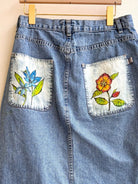 Blue Denim Long Floral Colorful Printed & Hand Drawn Skirt w/ Patch Pockets (Reworked) - Made X Hudson