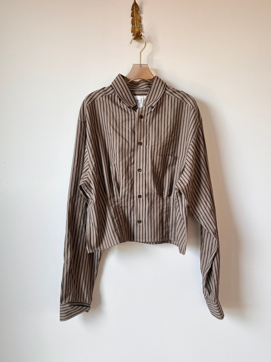 The Kevin Top | Mocha w/ Brown Stripes Button Down Top w/ Gathered Waist (Reworked) - Made X Hudson