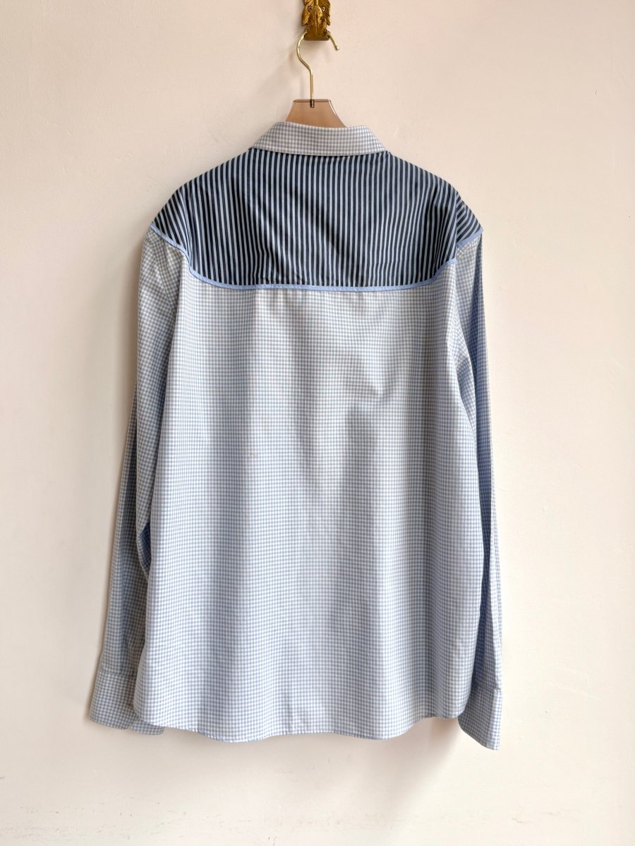 The Austin Top | Blue Gingham Down w/ Blue Stripe Shoulder Accent (Reworked) - Made X Hudson