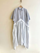 V - Line Shirtwaist Dress in White, Custard, & Baby Blue Stripe with Powder Blue & Ocher Stripe Short Sleeve (Reworked) - Made X Hudson