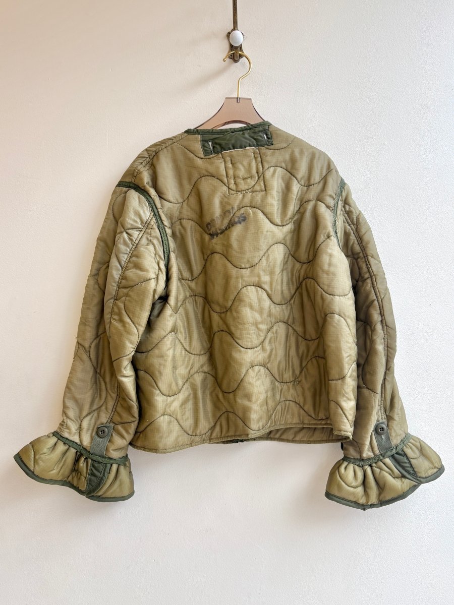 Light Olive Green Army Liner Quilted Coat w/ Silver Hook & Eyes and Ruffle Cuff (Reworked) - Made X Hudson