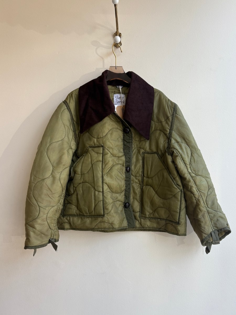 Olive Green Army Liner Quilted Coat w/ Brown Corduroy Collar (Reworked) - Made X Hudson