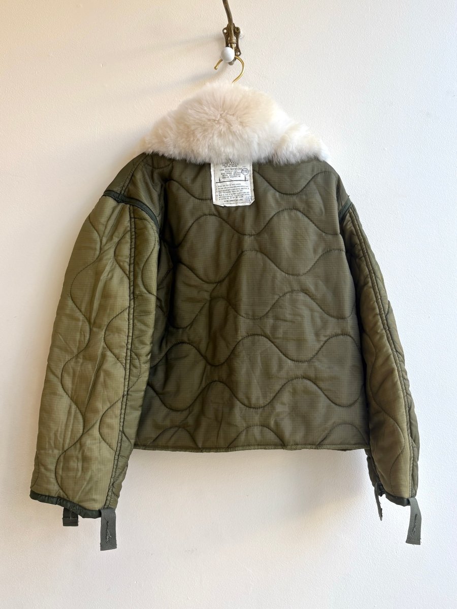 Olive Green Army Liner Quilted Coat w/ Cream Swirl Alpaca Fur Collar (Reworked) - Made X Hudson