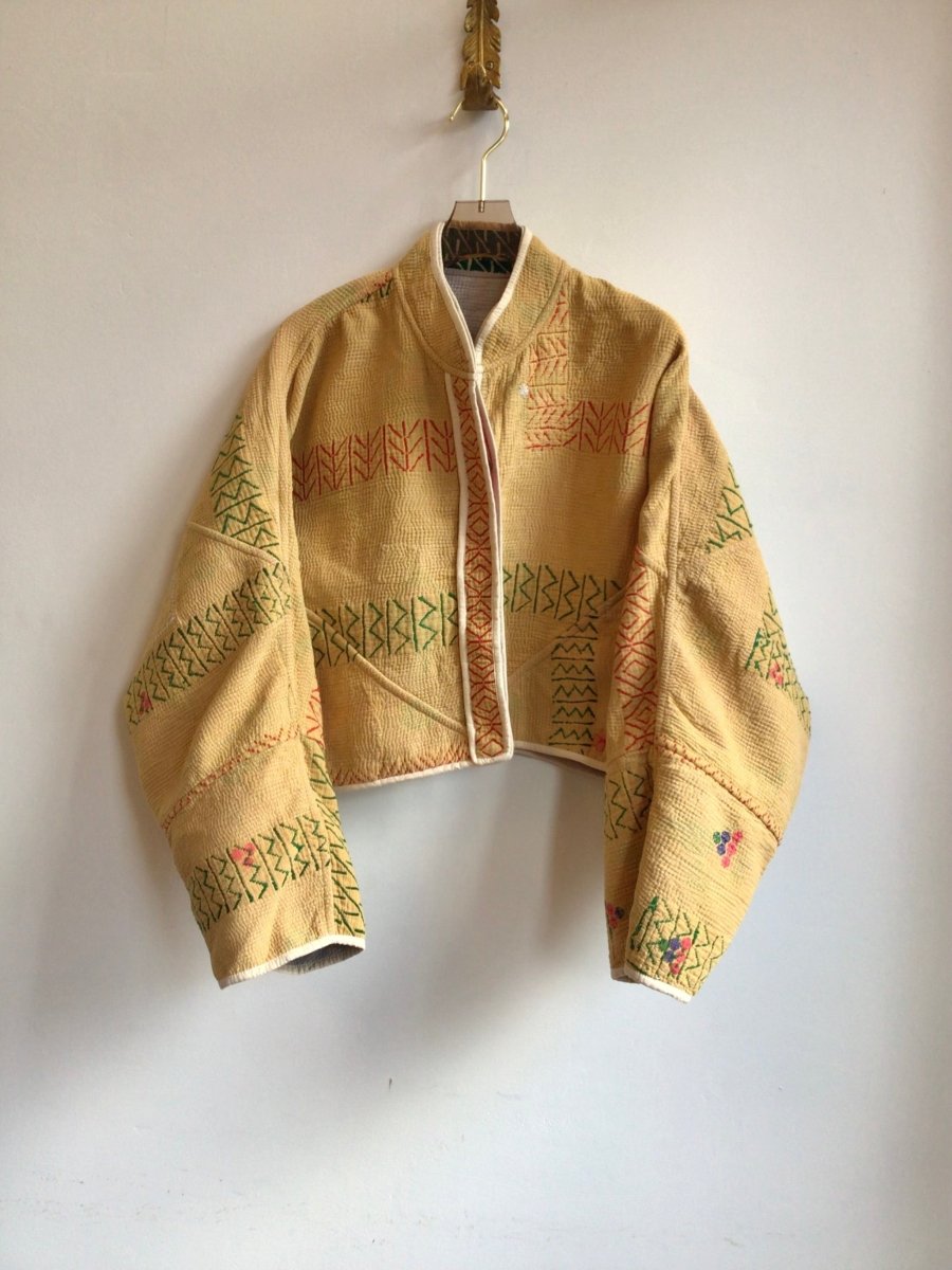 Reversible Kaira Quilted Cropped Jacket in Colors Grey, Red, Green & Mustard, Red, Green - Made X Hudson