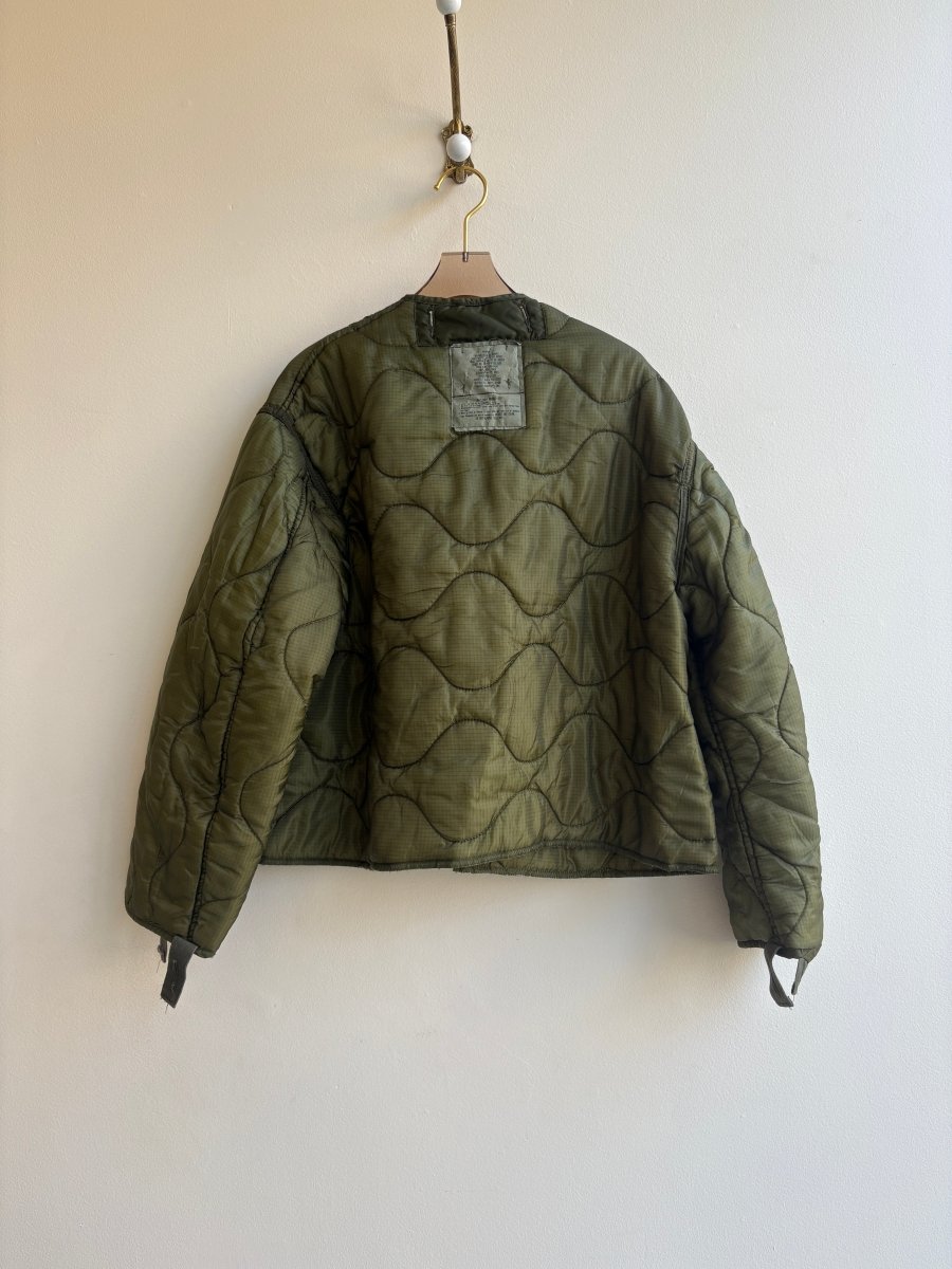 Olive Green Army Liner Large Pattern Quilted Coat w/ Twill Tape Ties (Reworked) - Made X Hudson