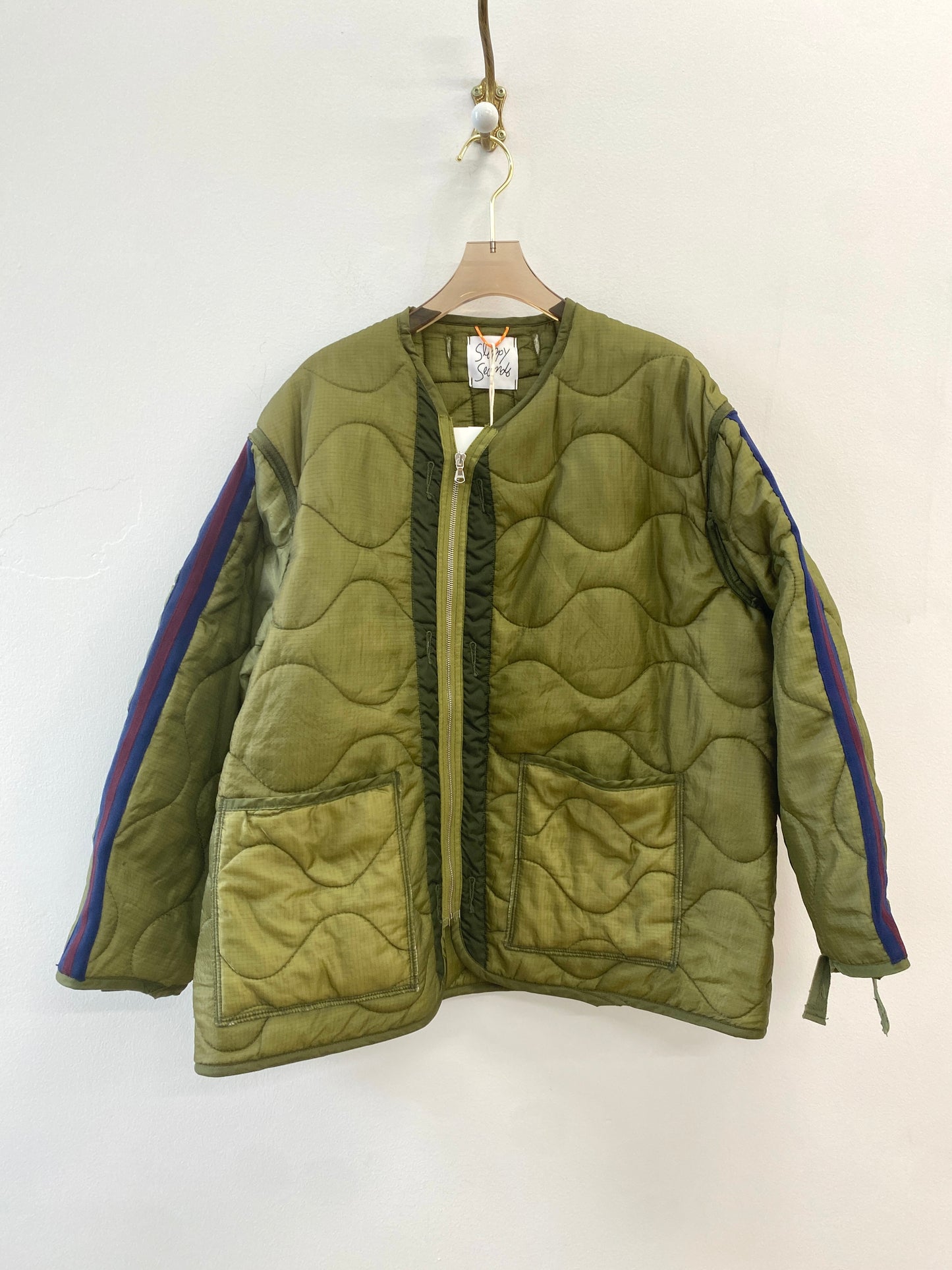 Olive Green Army Liner Quilted Coat w/ Navy & Maroon Sleeve Stripe (Reworked)