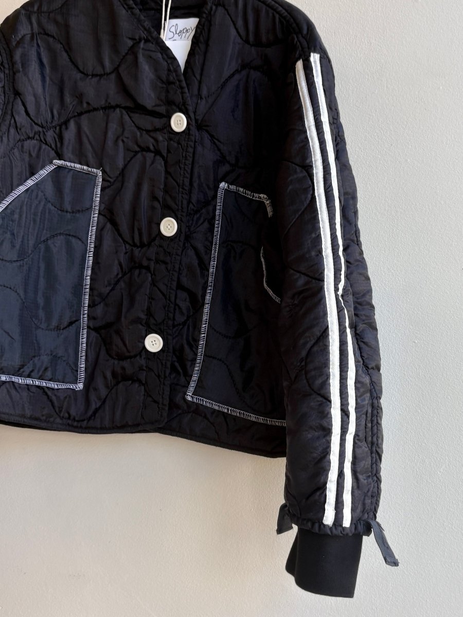 Black Army Liner Quilted Coat w/ White Buttons (Reworked) - Made X Hudson