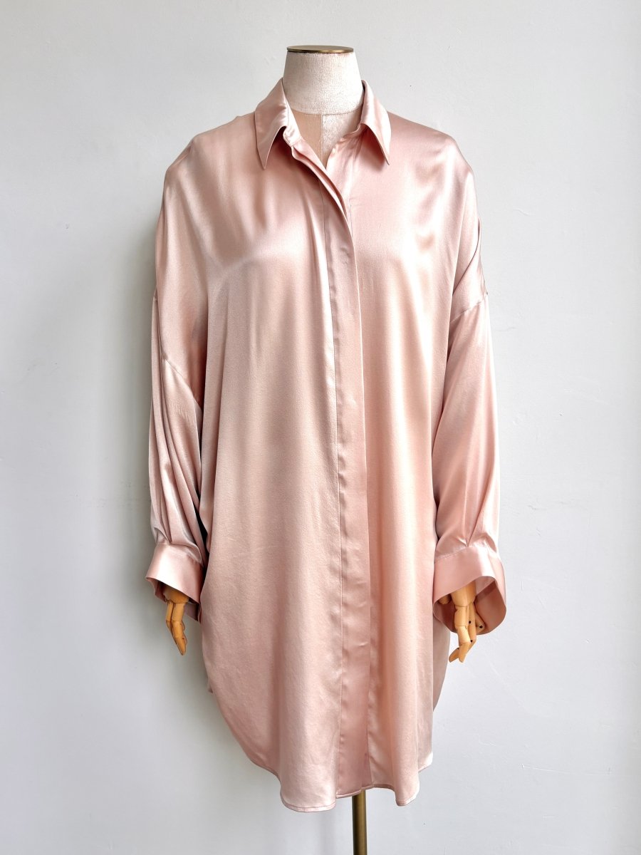 Silk Button Down Long Shirt in Baby Pink - Made X Hudson