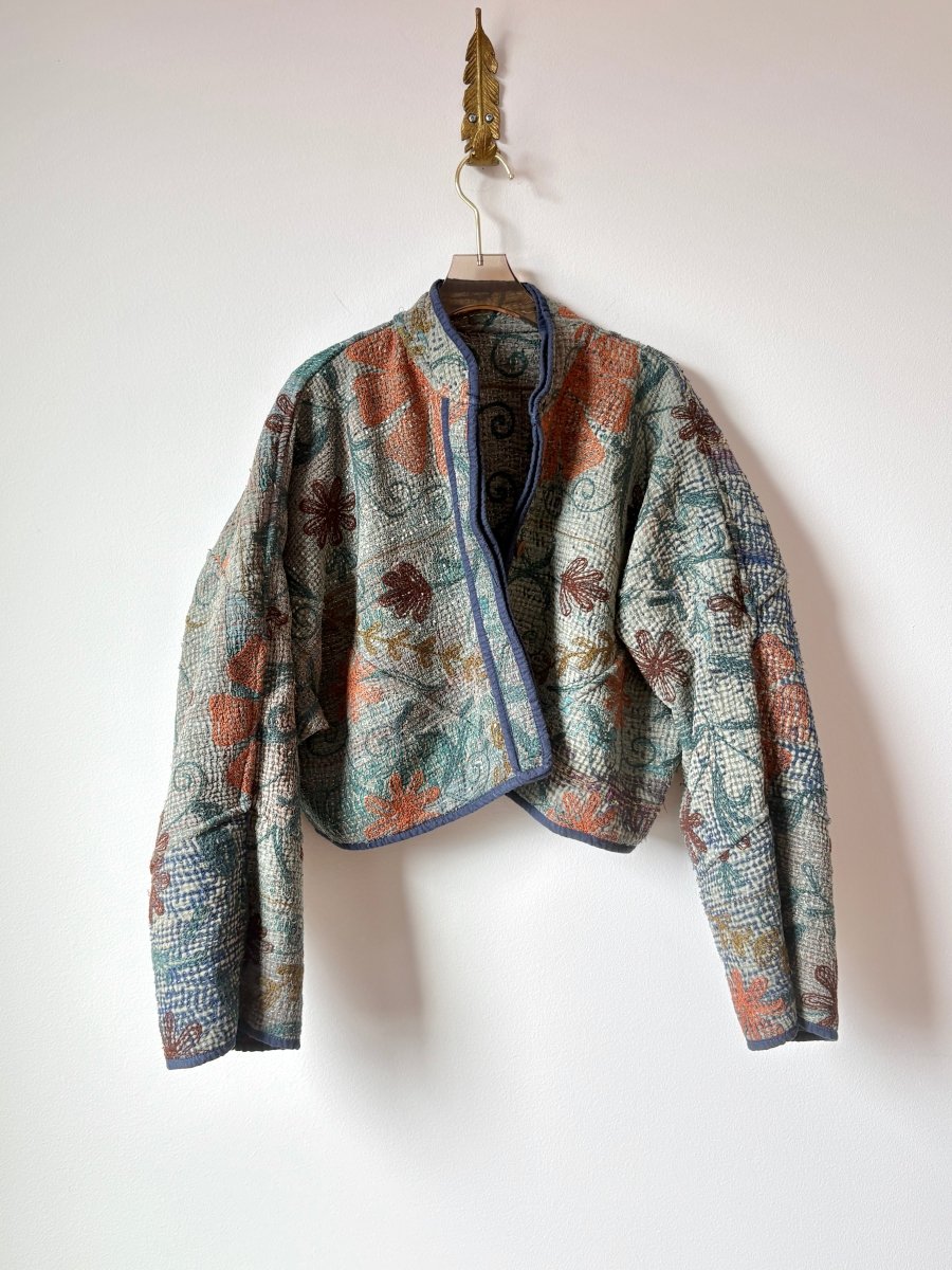 Reversible Suzani Quilted Cropped Jacket in Colors Navy, Orange, Burgundy & Bluestone - Made X Hudson