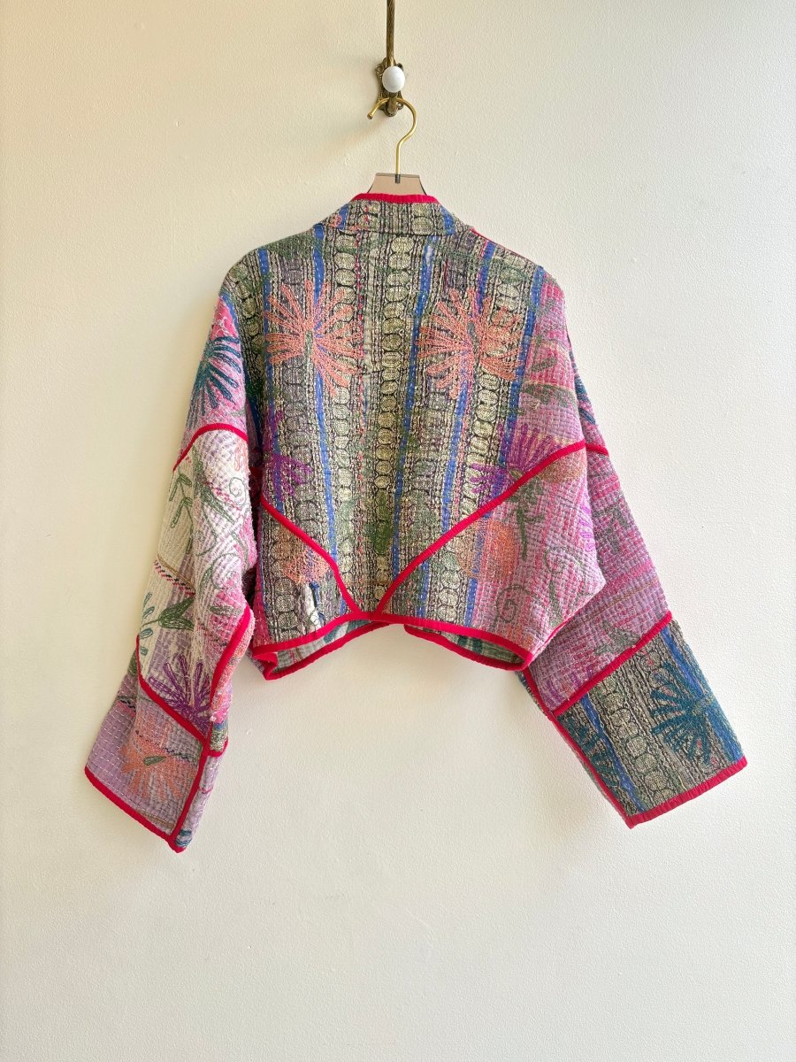 Reversible Kaira Suzani Quilted Cropped Jacket in Colors Cream, Dusty Blue, Salmon, Sage & Gold, Purple, Lavender , Pink - Made X Hudson