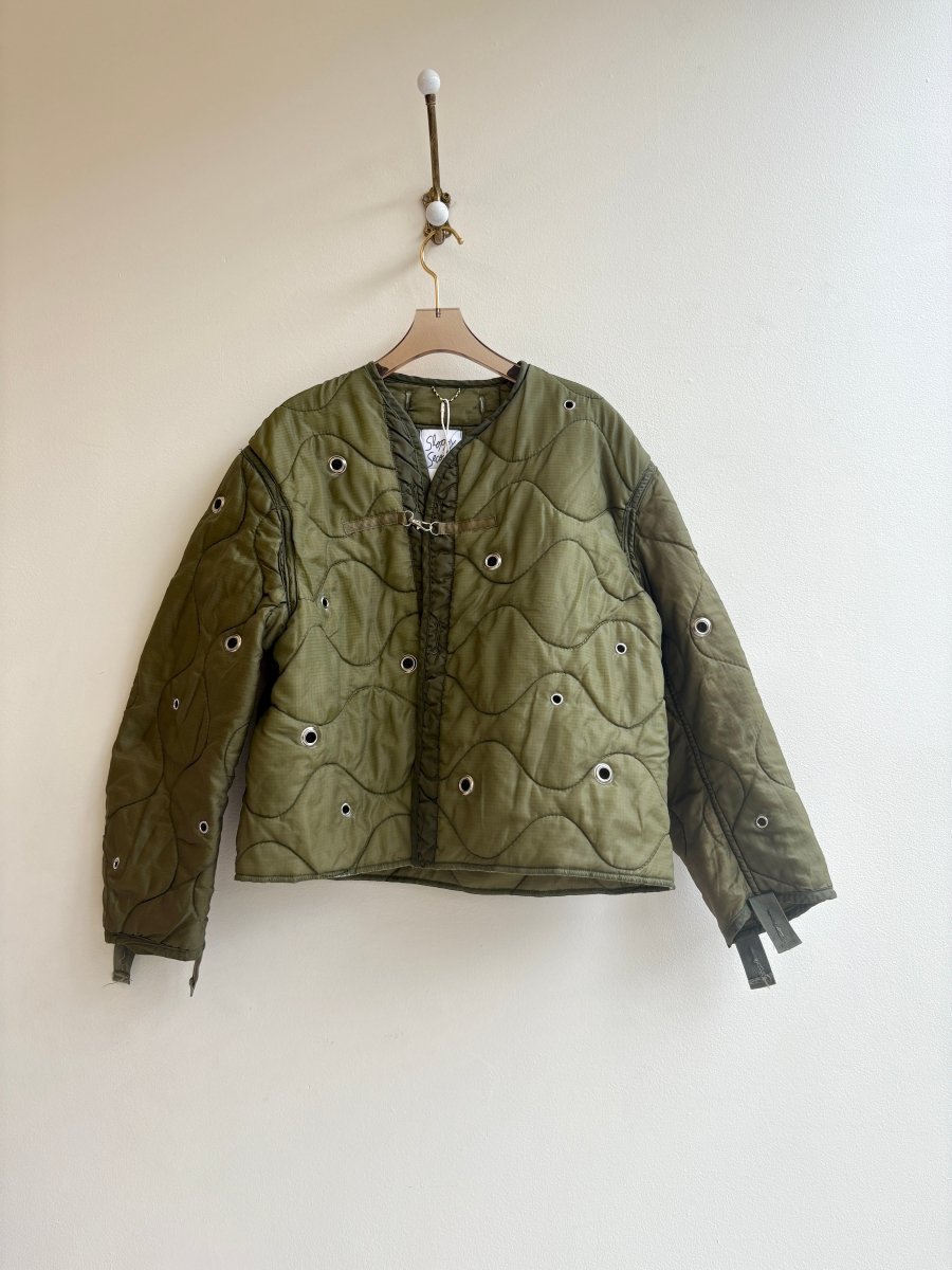 Olive Green Army Liner Quilted Coat w/ Silver Grommets & Clasp (Reworked) - Made X Hudson