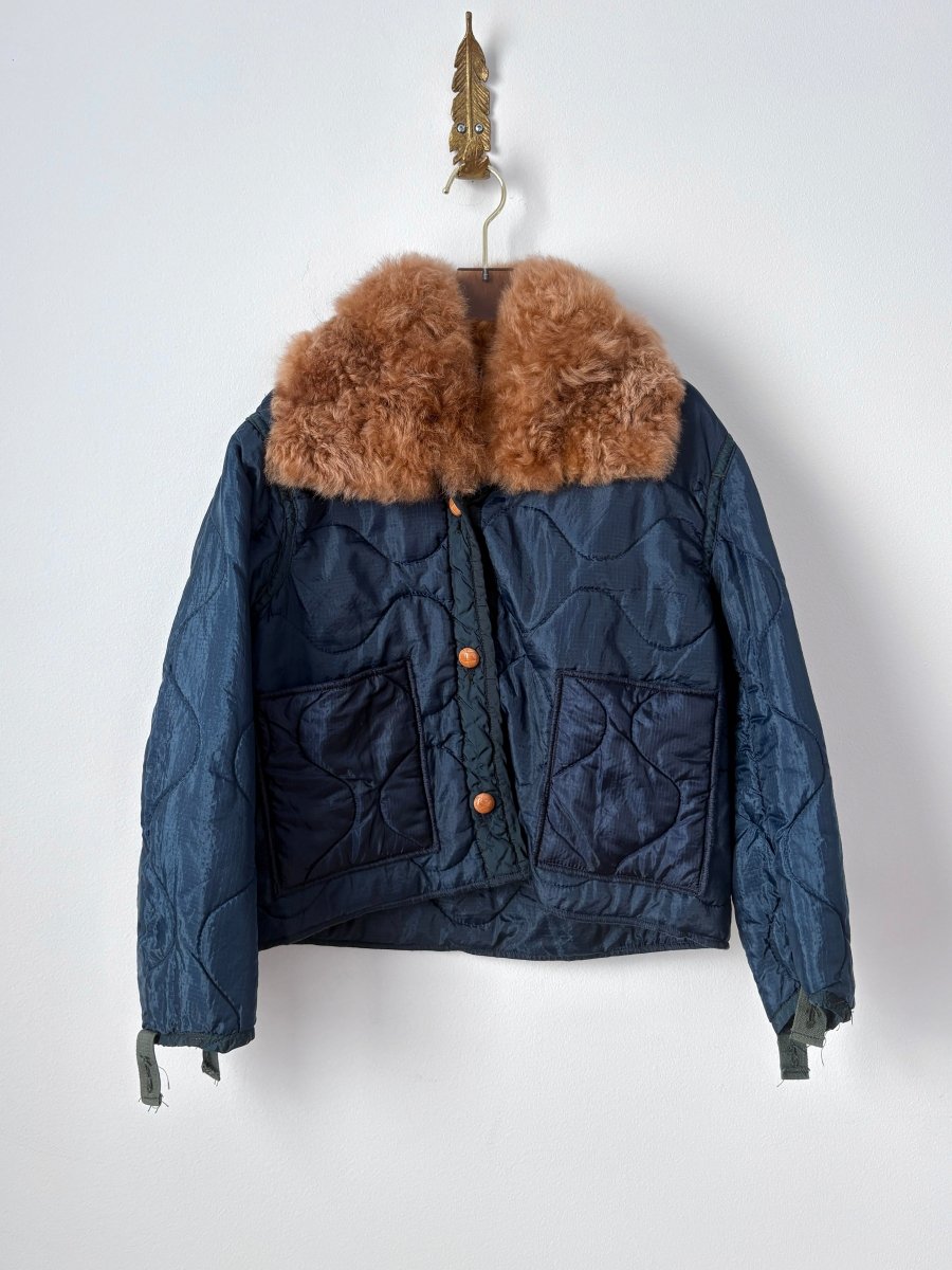 Navy Army Liner Quilted Coat w/ Rust Alpaca Fur Collar, Brown Buttons & Pockets (Reworked) - Made X Hudson