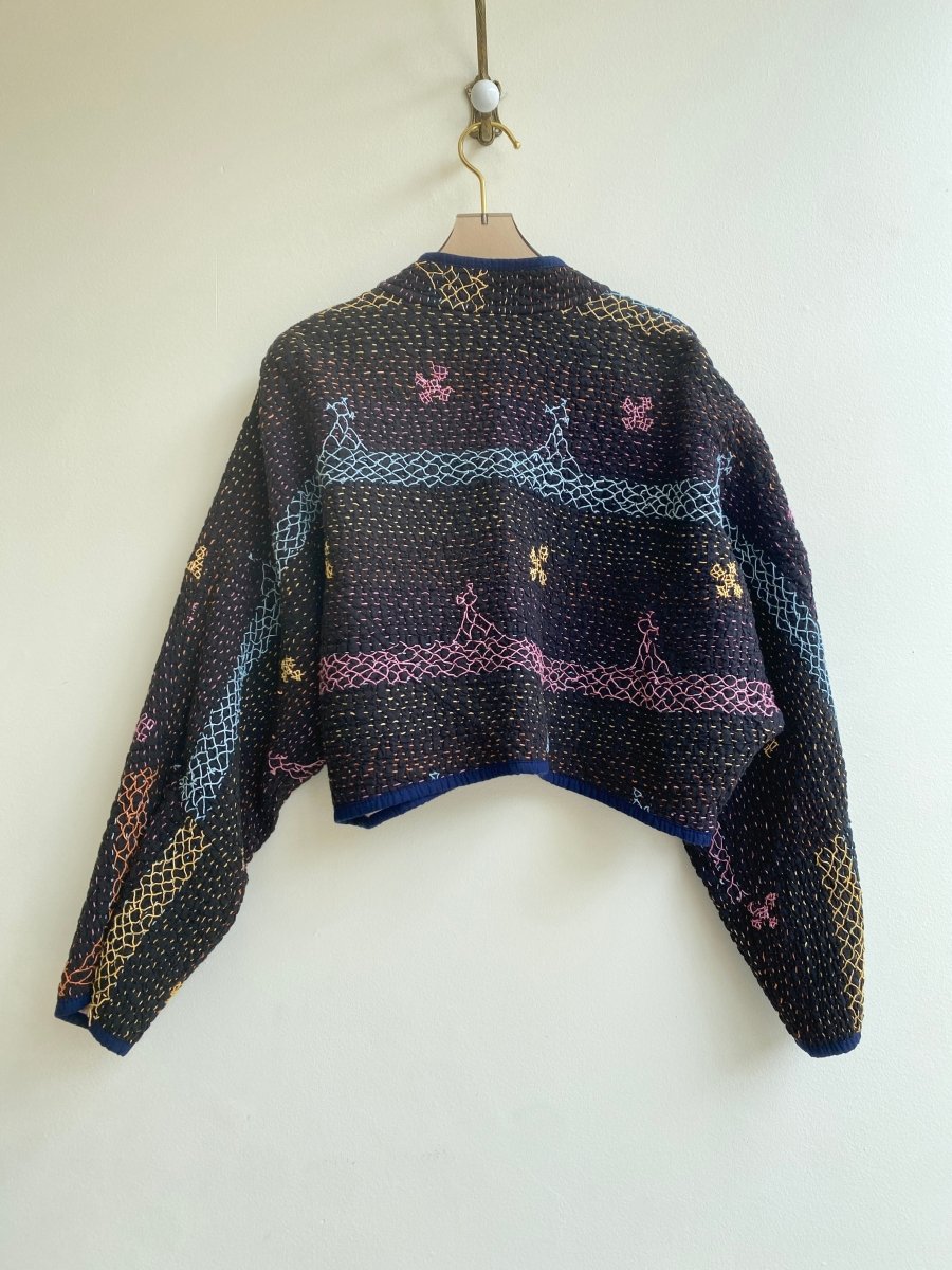 Reversible Kaira Quilted Cropped Jacket in Colors Cream w/ Pastel Embroidery & Black w/ Pastel Embroidery - Made X Hudson