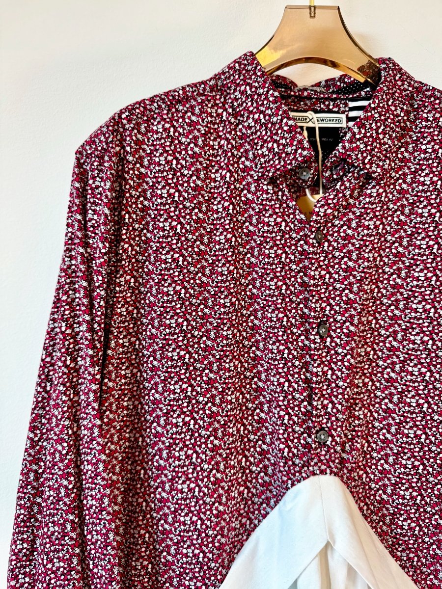 V - Line Shirtwaist Dress in Cranberry, White & Black Abstract Print & White (Reworked) - Made X Hudson