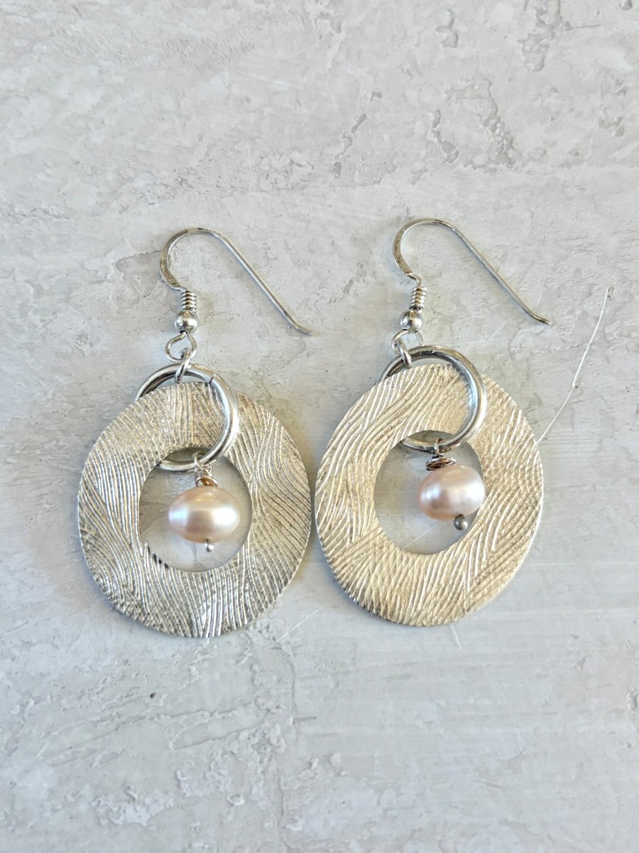 Handmade Sterling Silver Oval Textured Earrings /w Dangled Freshwater Pearl - Made X Hudson