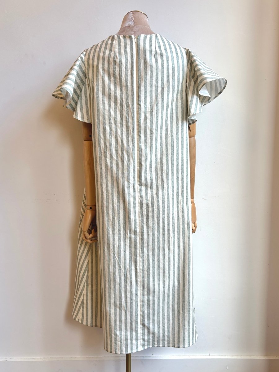 Sage & White Stripe Chore Dress w/ Flutter Sleeve and Patch Pockets - Made X Hudson