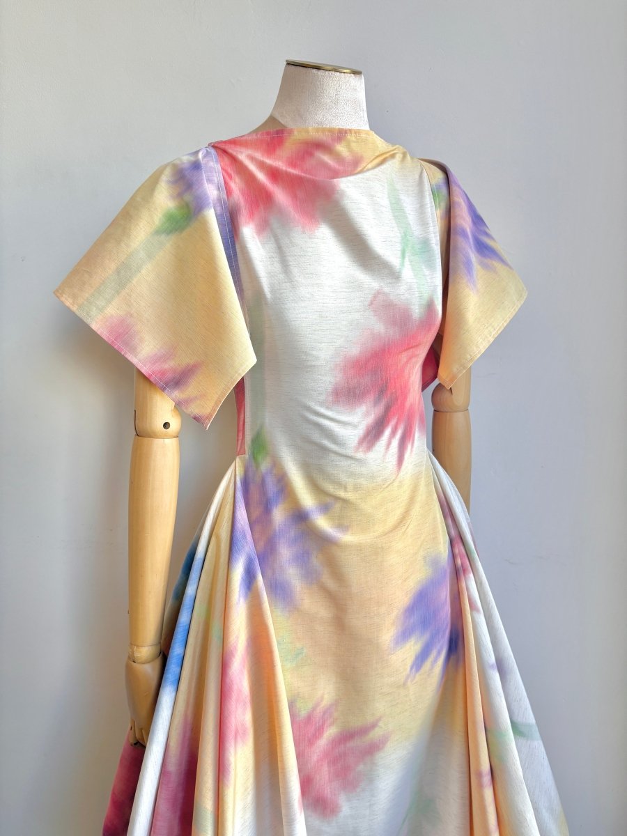 Deco Dress in Ivory, Yellow, Red, and Purple Watercolor Flowers Print - Made X Hudson
