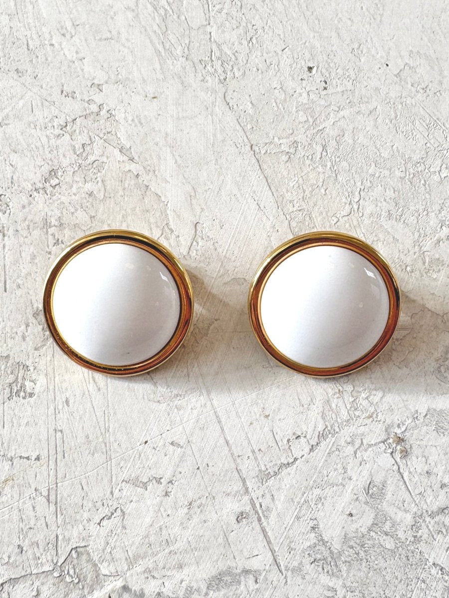 Gold Tone Border and White Jackie O Clip On Earrings (Vintage) - Made X Hudson