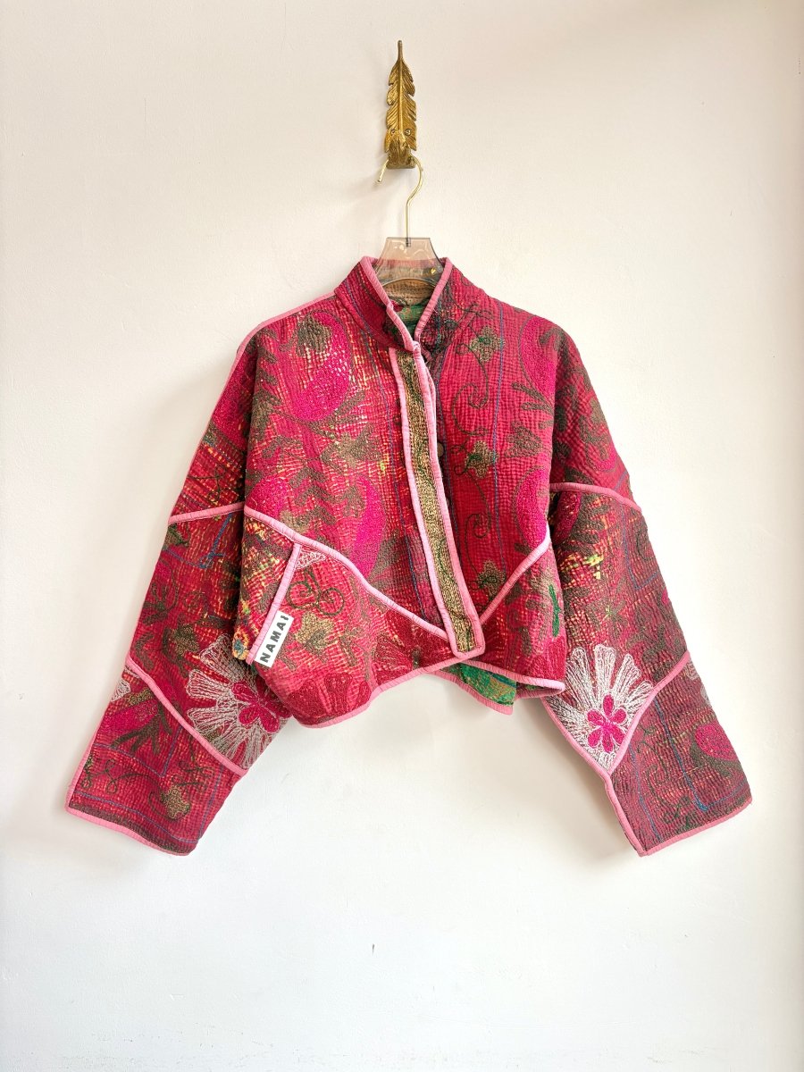 Reversible Suzani Quilted Cropped Jacket in Colors Green, Hot Pink, Truffle, Mauve & Brick Red, Hot Pink, Truffle, Light Pink - Made X Hudson