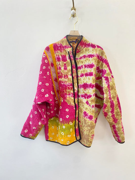 Reversible Ladhiya Quilted Jacket in Colors Hot Pink w/ Mustard, Pink Tie Dye Stripes & Blue, Gold Patchwork, Orange, Cream Patchwork