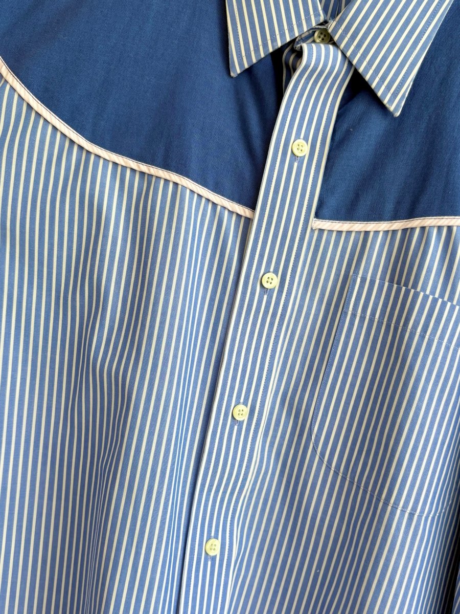 Austin Top | Blue & White Striped Button Down Top w/ Dark Blue Shoulder Accent (Reworked) - Made X Hudson