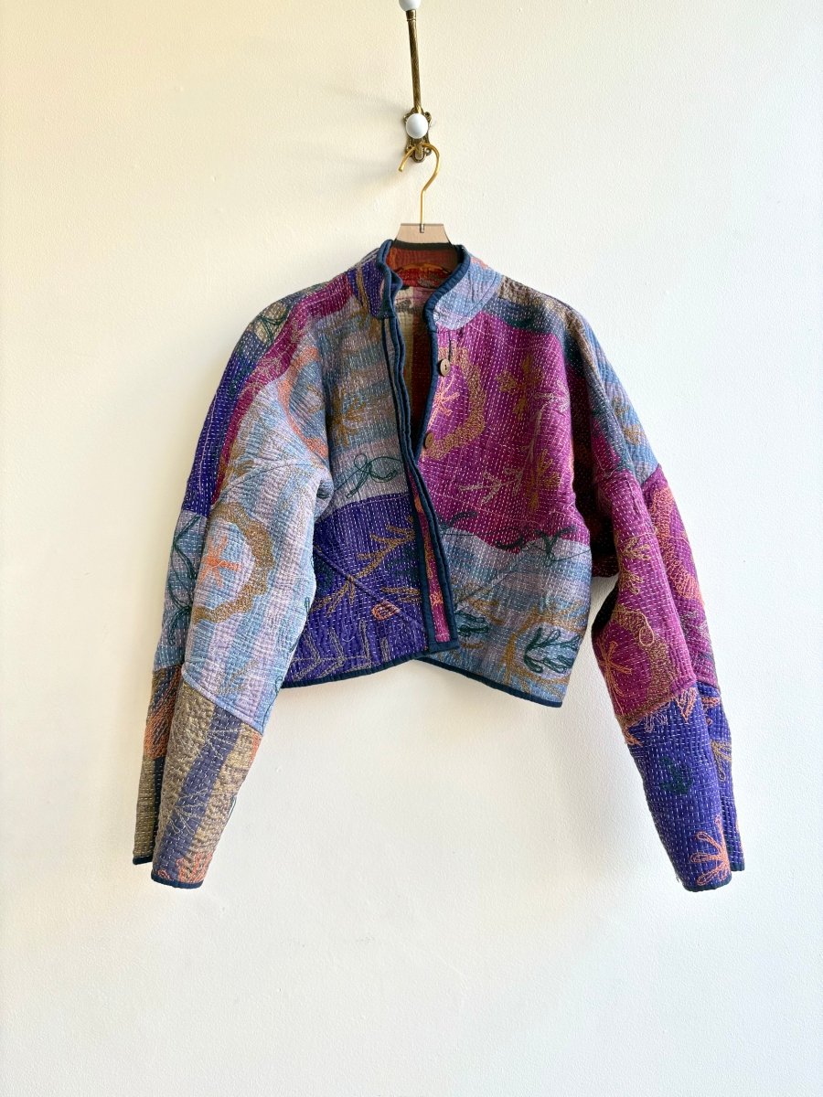 Reversible Kaira Quilted Cropped Jacket in Colors Maroon, Orange, Green Floral & Purple, Plum, Lavender - Made X Hudson