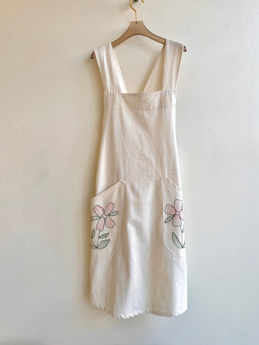 White Organic Linen Hand Embroidered Pinafore Apron w/ Pink & Green Flowers