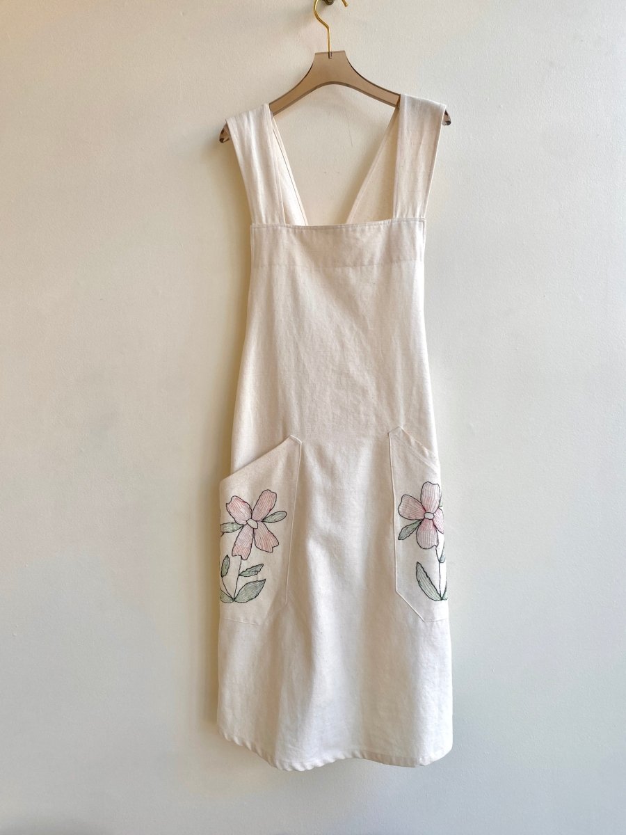 White Organic Linen Hand Embroidered Pinafore Apron w/ Pink & Green Flowers - Made X Hudson