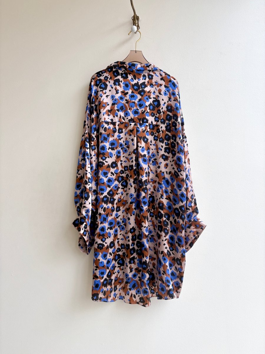 Silk Button Down Long Shirt in Soft Pink, Rust, Cobalt, and Black Floral Print - Made X Hudson