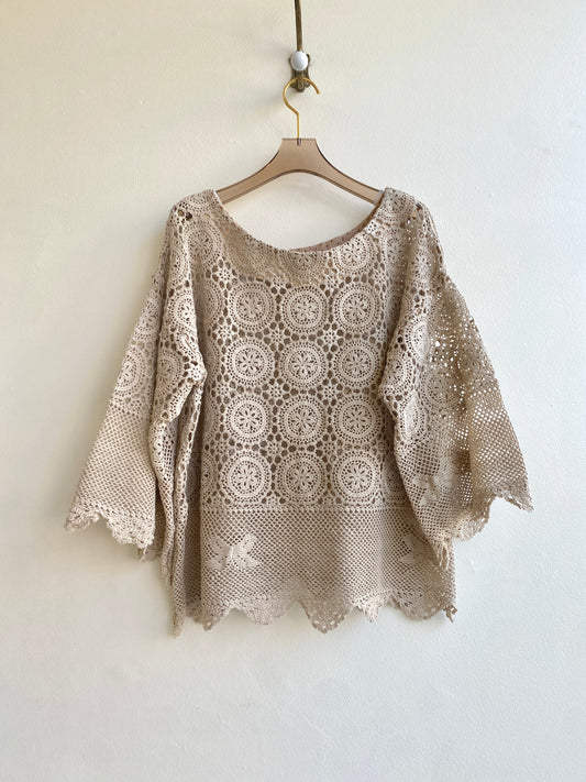 Tan Heirloom Crochet Lace Top