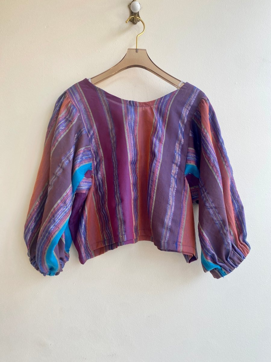 Zero Waste Gathered Sleeve Top In Burgundy, Orange, & Blue Metallic Thread - Made X Hudson