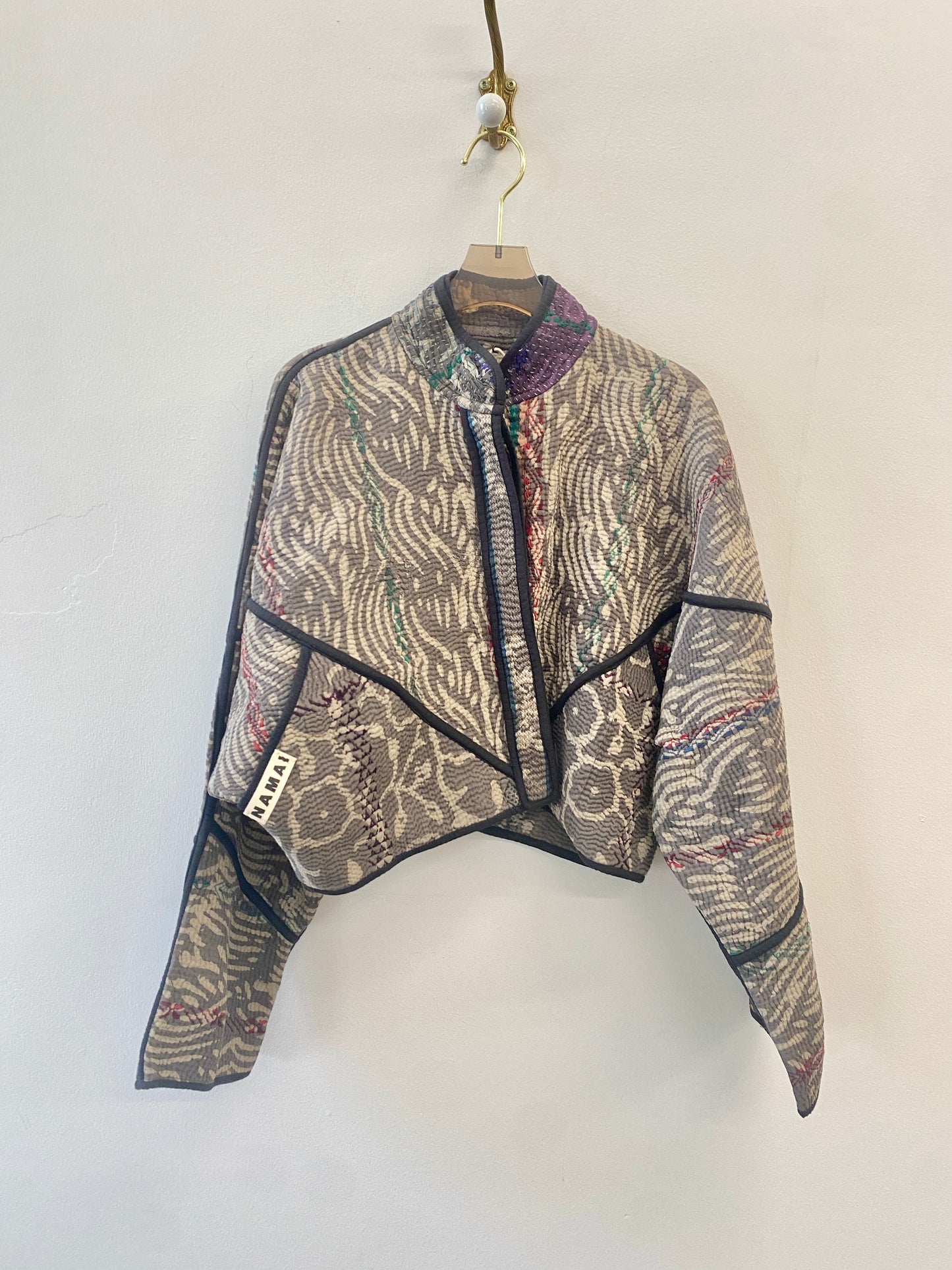 Reversible Kaira Quilted Cropped Jacket in Colors Light Gray, Dark Gray, Purple, Green, Blue & Light Gray, Dark Gray with/ Multi-Colored Embroidery