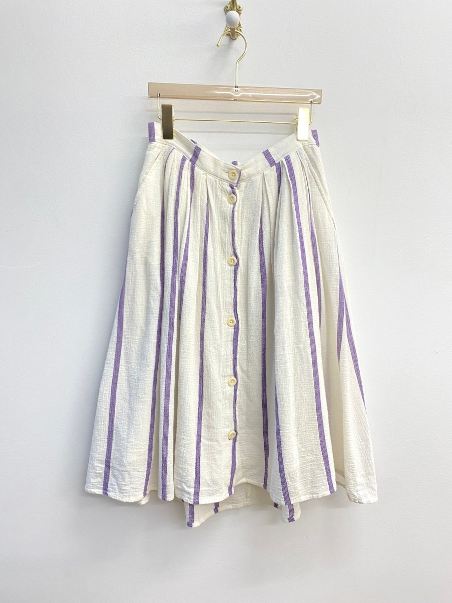 White & Purple Striped Button Up Cotton Skirt (Vintage) - Made X Hudson