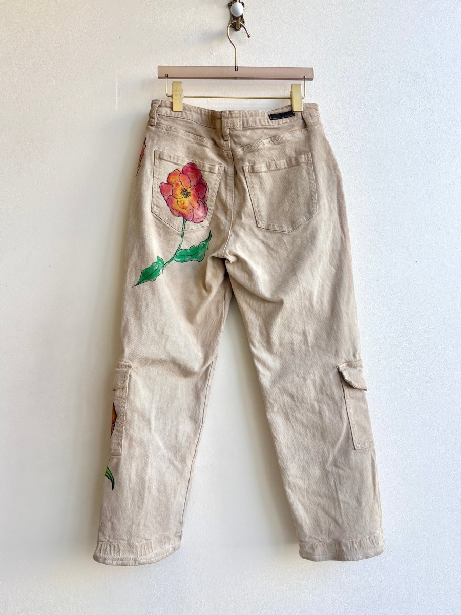 Red Poppy Cargo Pants with Eco Dye in Walnut | Hand Painted (Reworked) - Made X Hudson