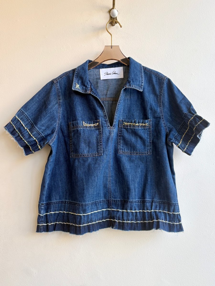Denim with Yellow, Green & White Line Embroidered Short Sleeve Top (Reworked) - Made X Hudson