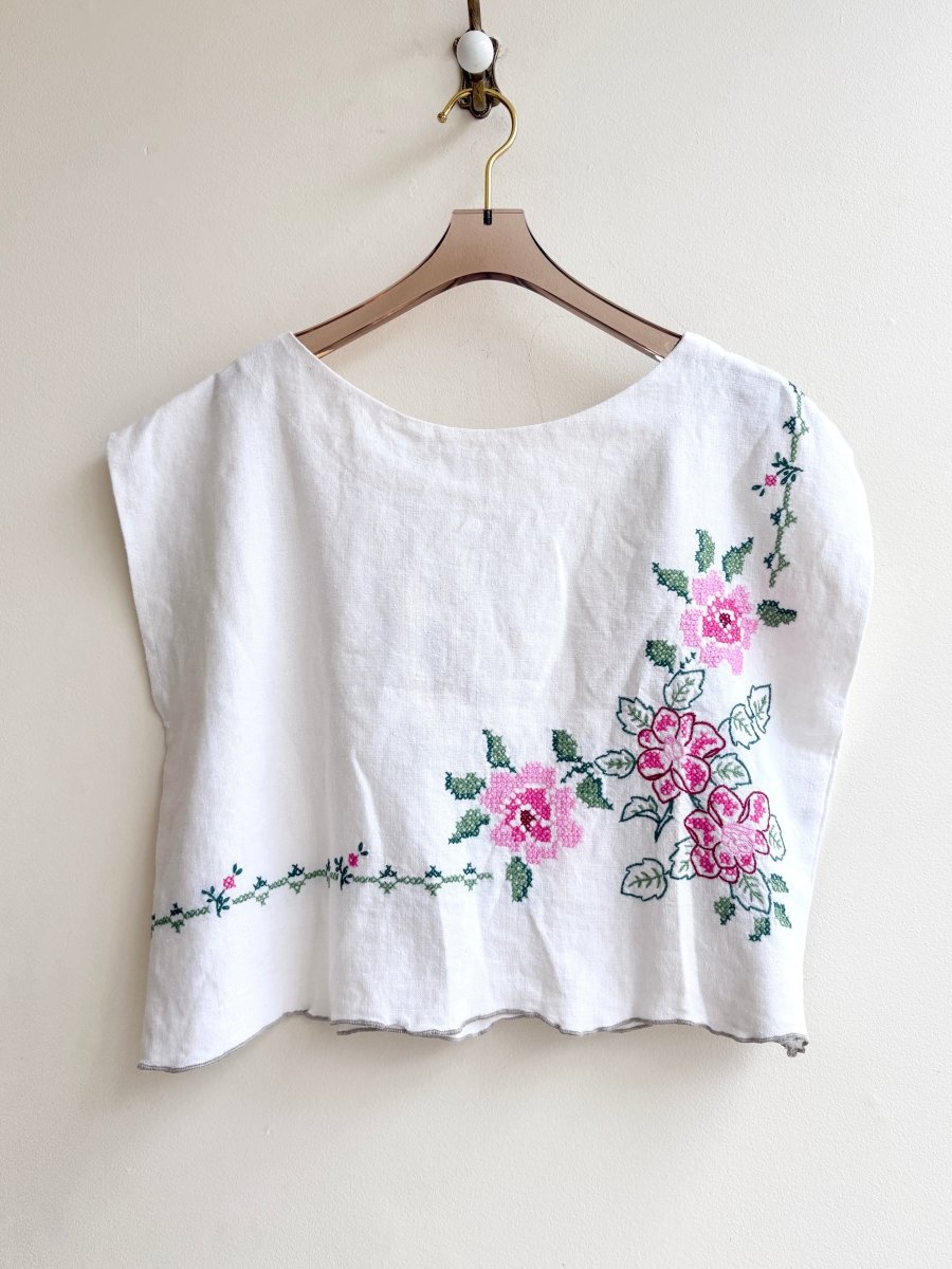 Cross Stitched Roses Linen Box Top - Made X Hudson