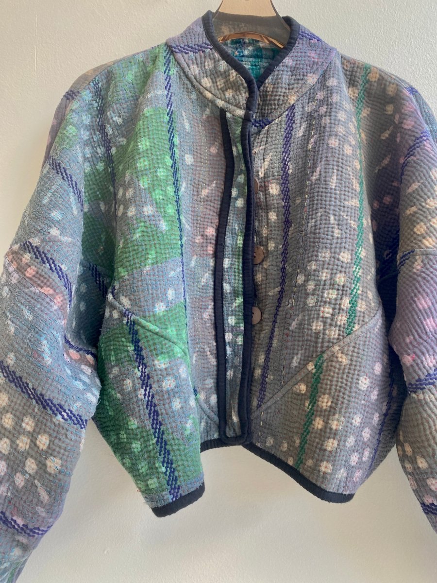 Reversible Kaira Quilted Cropped Jacket in Colors Peacock Blue, Black & Grey, Green - Made X Hudson