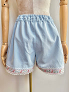 Pale Blue Micro Stripe & Pink Flower Lace Trim Town Shorts - Made X Hudson