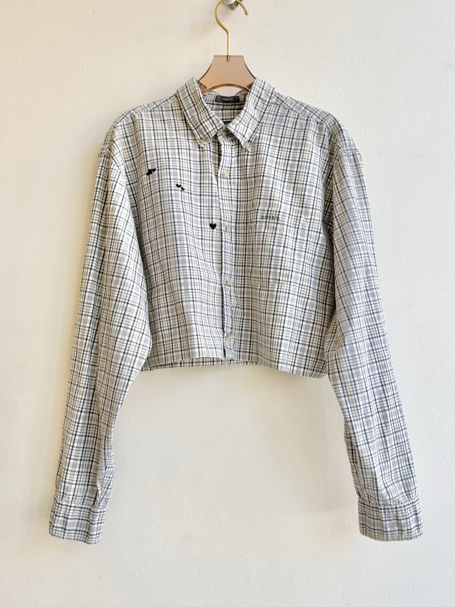 Sage Green Plaid Embroidered Black Hearts Cropped Annette Top (Reworked) - Made X Hudson