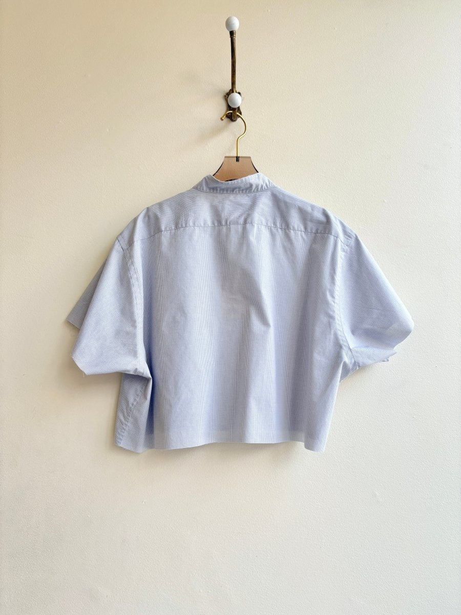 Pale Grey Blue Micro Checkered Short Sleeve Annette Crop Top (Reworked) - Made X Hudson