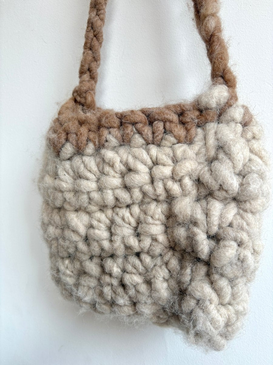Cream and Brown Wool Fiber Handmade Crochet Bag - Made X Hudson